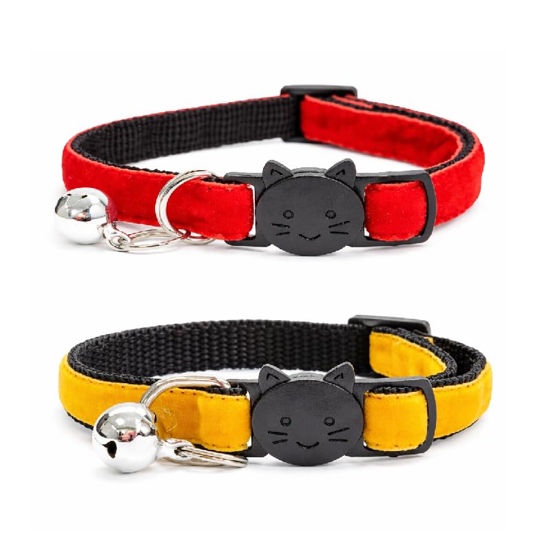 Velvet Cat Collars with Bell. Safe Quick Release Breakaway Buckle | Zacal Cat Collars (Rusty Red & Mustard, Pack of 2)