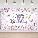 Mocsicka Butterfly Birthday Banner Backdrop Purple Butterfly Happy Birthday Girl Birthday Party Background Butterfly Birthday Decorations 70.8 x 43.3 Inch
