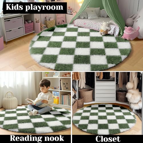 Image of KICMOR Round Rug 4ft Olive Green and White Circle Area Rug, Fluffy Soft Fuzzy Shag Shaggy Bedroom Living Room Carpet, Indoor Checkered Circular Rugs for Kids Boys Girls Home Decor Aesthetic, Nursery