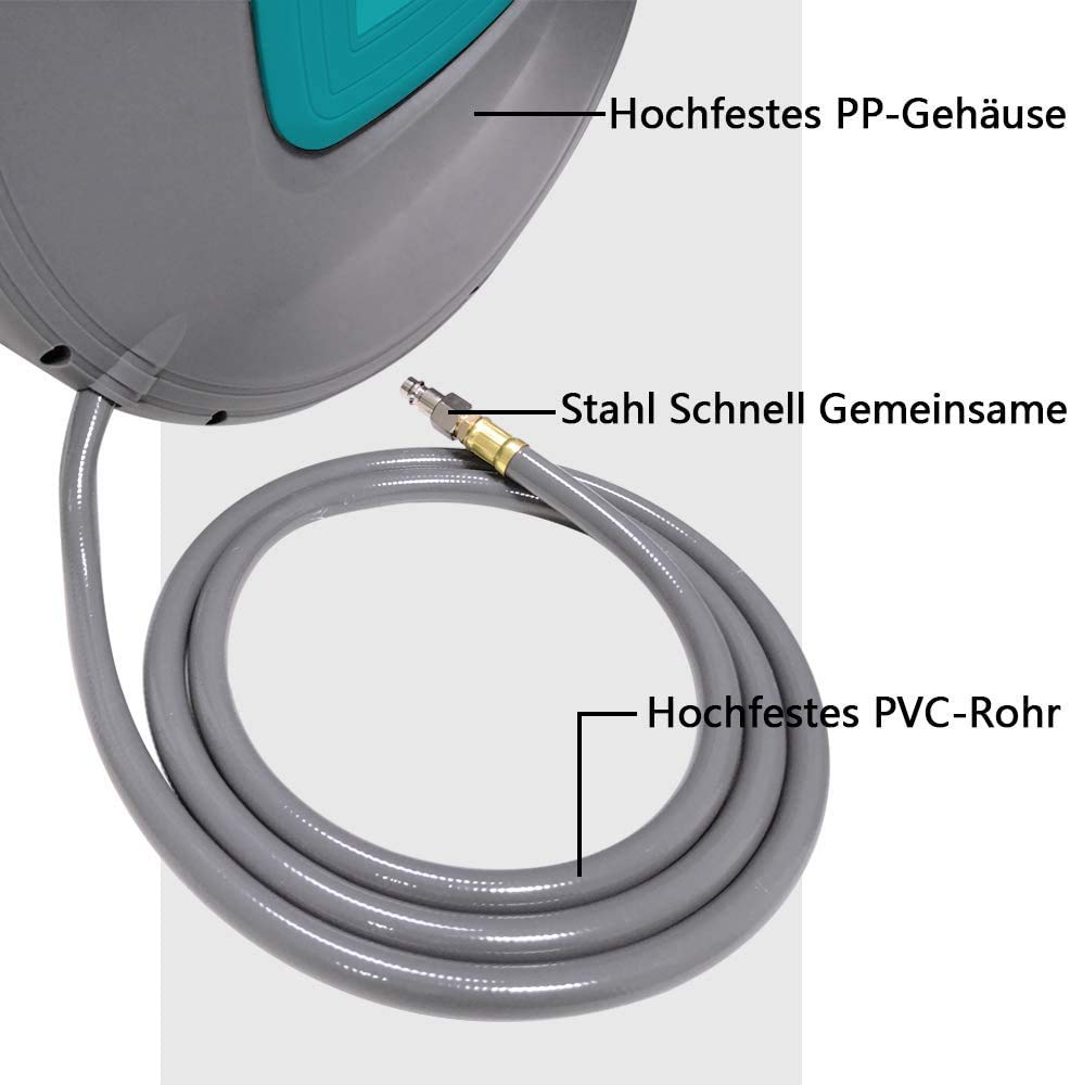 UISEBRT 20m Druckluftschlauch Aufroller Schlauchtrommeln Druckluft Automatik Schlauchaufroller mit Schnellkupplung Wandschlauchhalter Grau