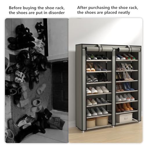 JIUYOTREE Double Row Shoe Rack Storage Organizer with Big Capacity,7-Tier Shoe Cabinet,Shelf,Closet with Nonwoven Fabric Cover for 28 Pairs of Shoes,Grey by JIUYOTREE - Used condition - Image 5