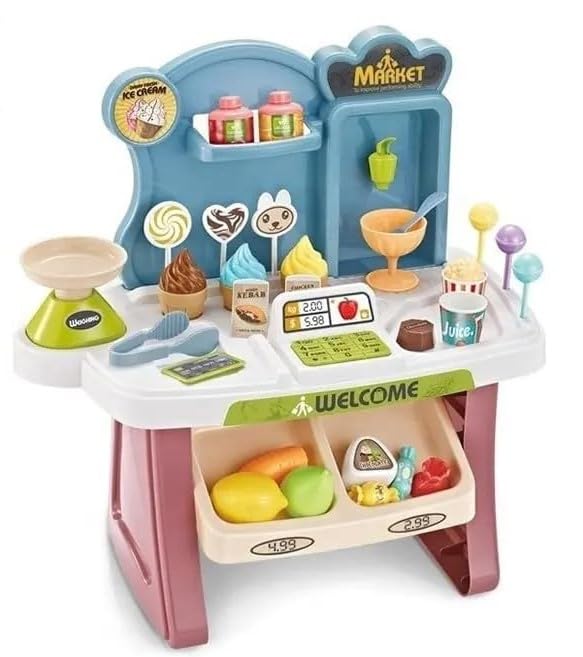 URBAN TOYS Plastic Pretend Play Supermarket Shopping Toy Set with Sound Effect Game for Kids Set of 33 Pieces - Multicolour