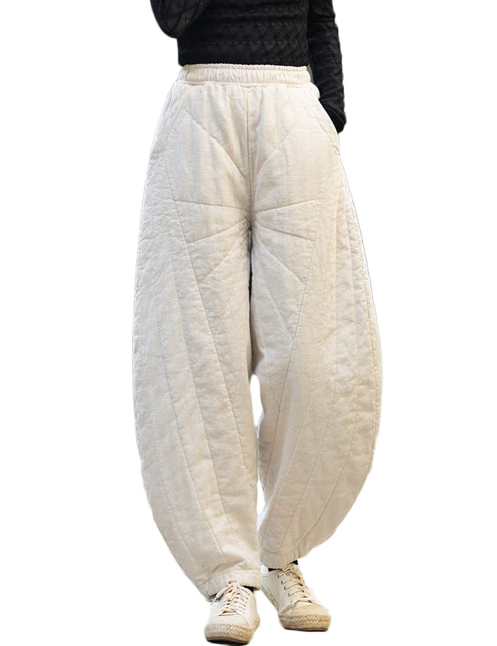NFYM Women Quilted Pants Winter Warm Thick Cotton Linen Casual Wide Leg Elastic Waist Pocket Lantern Trousers
