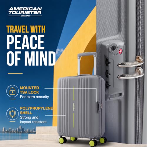 Image of American Tourister Cleva S | Luggage Trolley Bag (67 cm) | 360 8 Wheel Travel Luggage | 2 Compartments | Hard Luggage Polypropylene Suitcase | Mounted TSA Lock | 3 Years Global Warranty | Grey & Lime