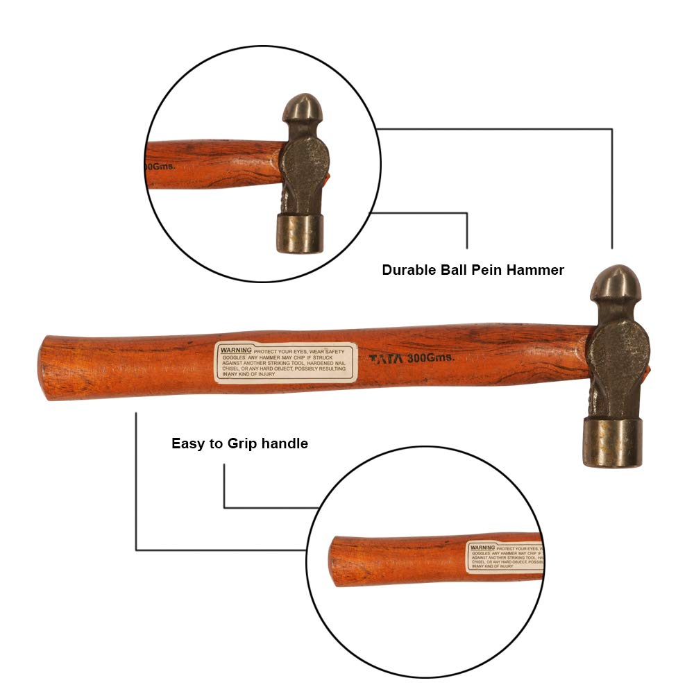 Tata Agrico Ball Point Hammer 300g | High Carbon Steel Head | Polished Face & Peen | Wooden Handle | Ideal for Mechanics, Engineers, Garage & DIY Metalwork 2