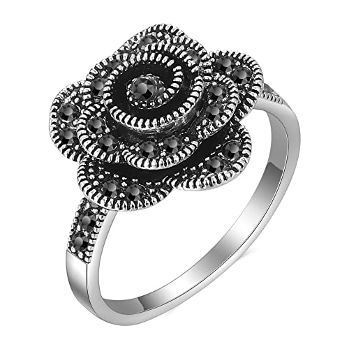 Image of Mytys Vintage Wide Ring Classic Black Marcasite Crystal Rows Statement Silver Chunky Rings