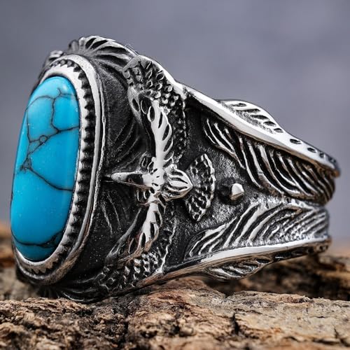 Men's Turquoise Titanium Steel Ring Engraved Eagle Design Vintage Western Navajo Native American Style, RDR Americana Biker Bold Jewelry3