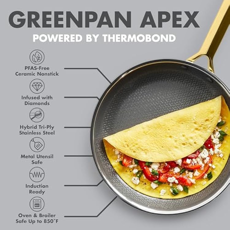 GreenPan Hybrid 9.5 & 11 Nonstick Stainless Steel Frying Pan Set, APEX Tri-Ply Thermobond PFAS-Free Ceramic Skillets, Induction & All Cooktop Compatible, Oven Temp to 850F, Dishwasher Safe, Gold