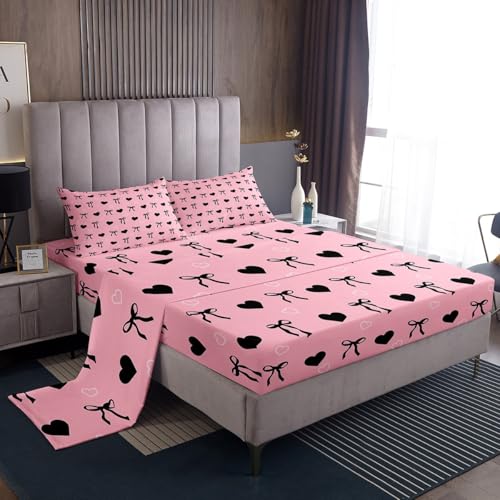 jejeloiu Bow Tie Bed Sheets Set Queen Size Heart Love 4 Pieces Sheet with 16