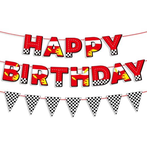 Banderole Joyeux Anniversaire, Pré-Montée Décorations de Fête d'Anniversaire Thème Cars avec Drapeau à Damier pour Garçons Décoration de Fête Thème Voiture