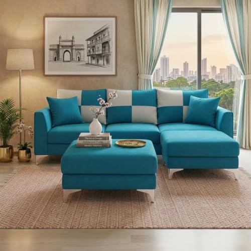 Image of Romeo 5 Seater L Shape Sofa Set with 2 Movable Ottomans | Flexible Layout | Rich Velvet Suede Fabric | Silver Legs | Modern Sofa for Living Room (Aqua Blue Color)
