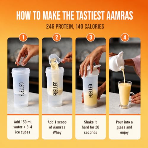 Image of FUELLED Whey Protein Powder with 24g Protein, 5g BCAAs, Aamras Flavour, 1 kg, 28 Servings, Gluten Free, Post Workout Recovery Supplement