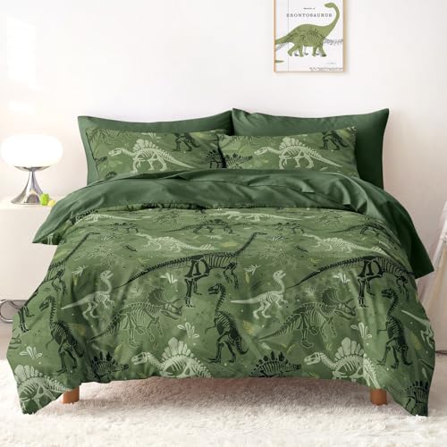 Wake In Cloud - Dinosaur Bedding Set for Boys Colorful Dino Prehistoric Fossil Soft Lightweight Comforter Set with Sheets 5 Pieces Kids Bed in a Bag Army Green Twin Size