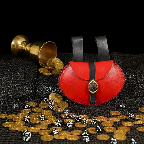 Medieval Waist Pack Medieval Genuine Leather Belt Pouch Vintage Belt Pouch LARP Waist Bag Renaissance Costume Accessories for Men Women - Red & Black, 4.9" X 7.2"4