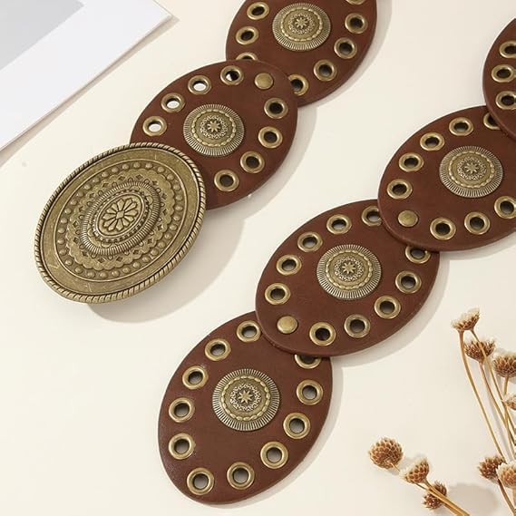 INOGIH Womens Wide Western Cowboy Disc Belt Vintage Cowgirl Concho Leather Belts Boho Style for Jeans Dress Skirt4