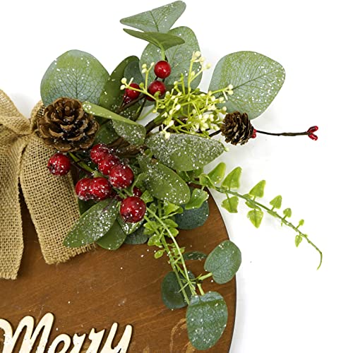 Christmas Welcome Sign Hello Sign Front Door Round Wooden Christmas Wreath With Eucalyptus Leaves,Pine Cones,Red Berry,Fern For Farmhouse Porch Wall Holiday Home Decoration #TOP1