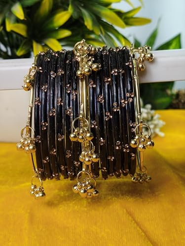 Image of NMII Viral Multi Colour Glass Bangles with Golden Ghungroo Charms & Stone Work For Women & Girls | Fancy Designer Glass Bangle | Traditional Chudi | Kanch Ki Churi | Stylish Ghungroo Bangle For Women