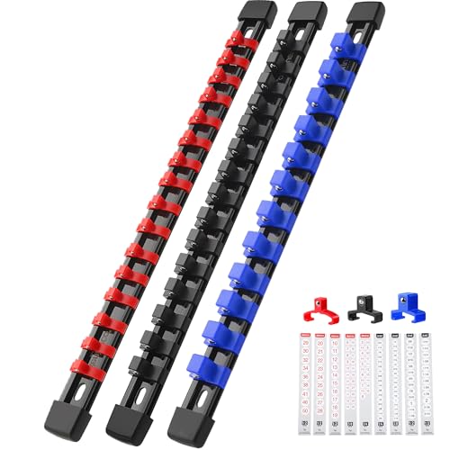 Image of Reniteco 3-Pack Socket Organizer Set, 1 /4 inch x 16 3 /8 inch x 15 1 /2 inch x 12 Clips | 43 Clip Capacity, Havy-Duty ABS Socket Rails, Removable Clips, Drive Socket Storage, Toolbox Drawer or Wall Mount