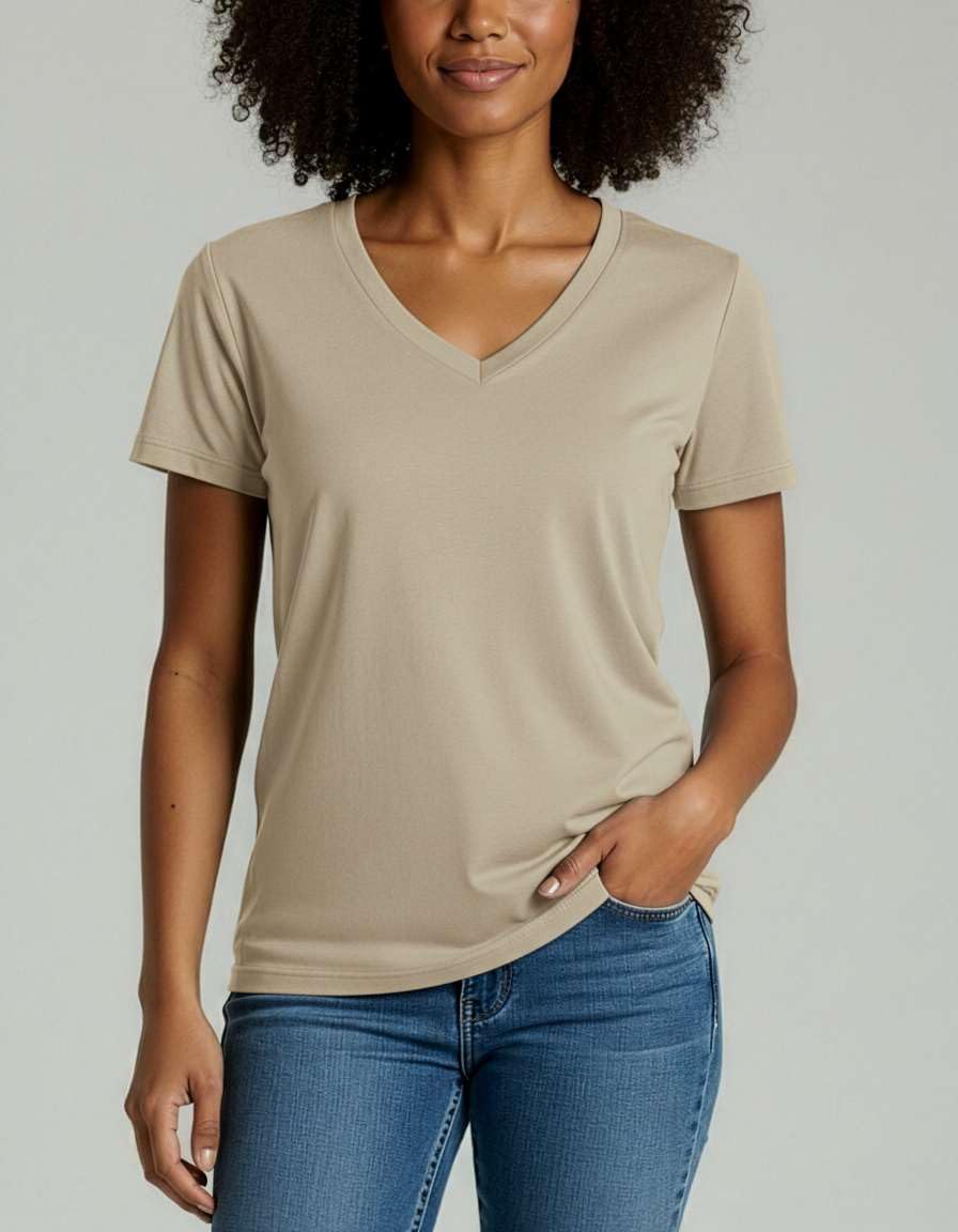 Real Essentials 4er-Pack: Kurzärmeliges Damen-T-Shirt aus Baumwolle mit V-Ausschnitt in klassischer Passform (in Übergröße erhältlich)