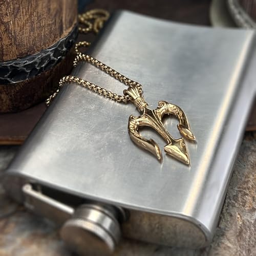 bahamut Neptune Poseidon Trident Weapon Protection Necklace for Men,Greece Amulet Gold Pendant Stainless Steel Chain Jewelry4