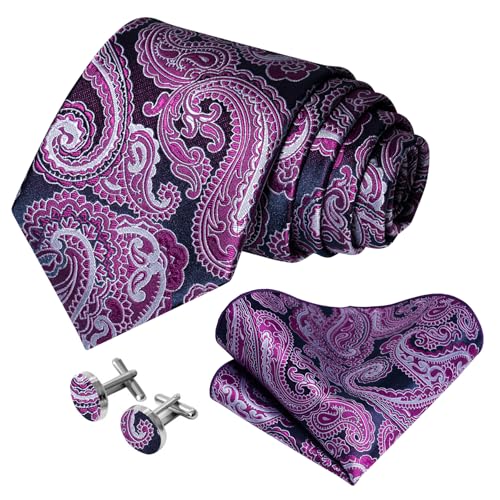 Image of 5PCS Mens Silk Designer Tie, Pocket Square, Cufflinks, Drilled Tie Ring and Lapel Pin Set for Wedding Groom Party