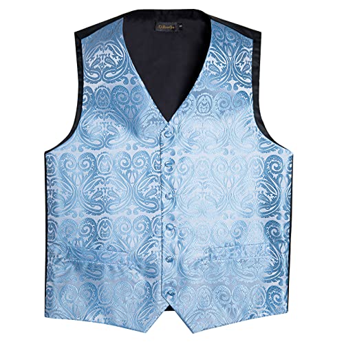 Image of DiBanGu Mens Paisley Vest Silk Sleeveless Suit Vest and Neck Tie Pocket Square Cufflinks Set for Wedding Formal