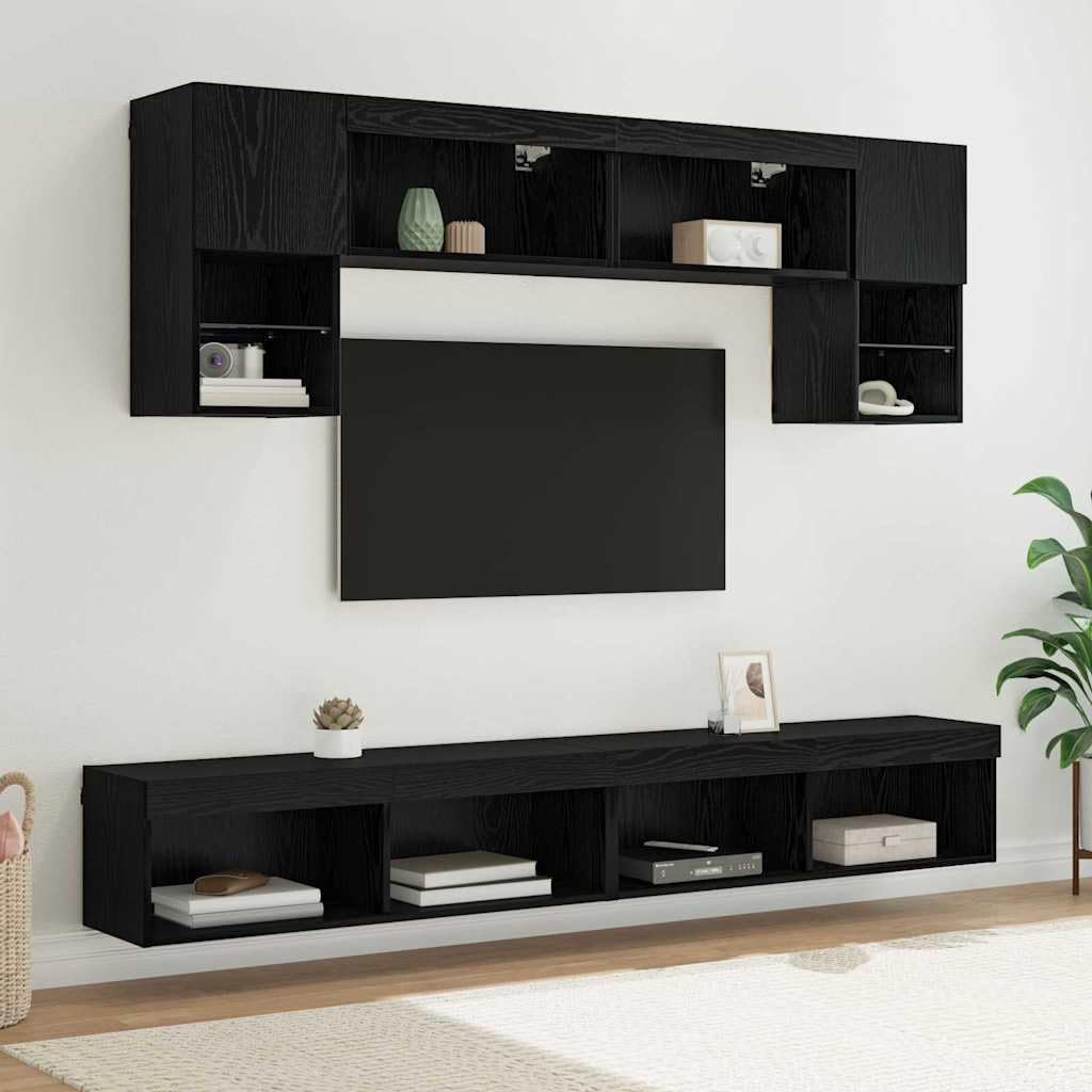 Mueble de pared de TV con LED, 6 piezas, aspecto de roble negro, material de madera, moderno, para salón, gran espacio de almacenamiento, 100 x 30 x 30 cm