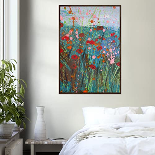Art mural abstrait de coquelicot avec cadre bois foncé pour décoration murale moderne 70x100