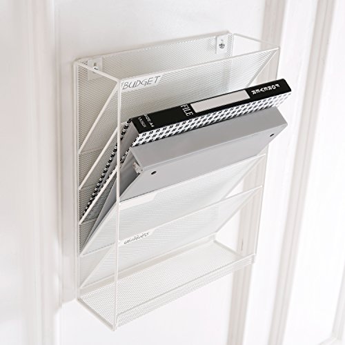 Mygift Wall Mounted White Mesh Metal Office Document File Folder Magazine Holder Rack With 5 Slanted Slots, Hanging Filing System With Bottom Storage Shelf #TOP2