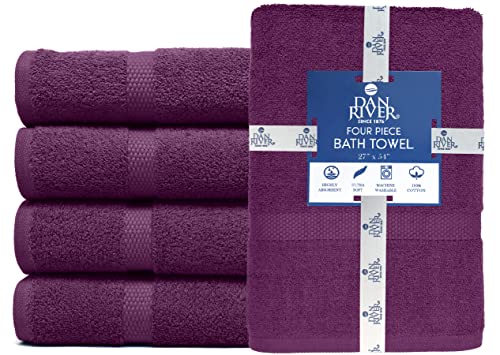Image of DAN RIVER Bath Towels Set of 4, 27 x 54 Inches, 100% Cotton, Larger & Lighter Weight, Quicker to Dry, Super Soft and Absorbent, Ideal Quick Dry Bath Towel for Daily Use, Purple
