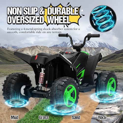 Image of Kids ATV 4 Wheeler, Two Seater 24V Ride On Toy for Big Kid w /Unique LED Light, Music, Wireless, Story, 24 Volt Ride on Car Electric Quad for Boys Girls (Green)