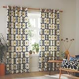 Orla Kiely - 1 Pair Abacus Flower Lined Eyelet Curtains 100% Cotton - Navy (66' x 90' (168cm x 229cm))