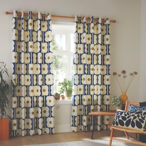 Orla Kiely - 1 paire de rideaux à œillets doublés en 100 % coton - Bleu marine (117 x 137 cm)