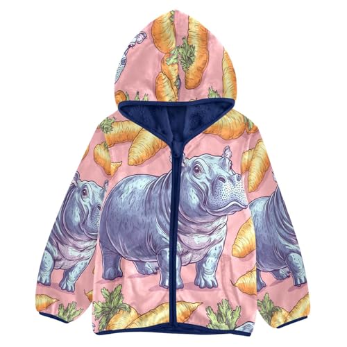 Hippo and Carrots Pattern Toddler Fleece Jacket Girl Boys Hooded Fleece Jacket Coat Warm Outwear Zip-up 3-10T