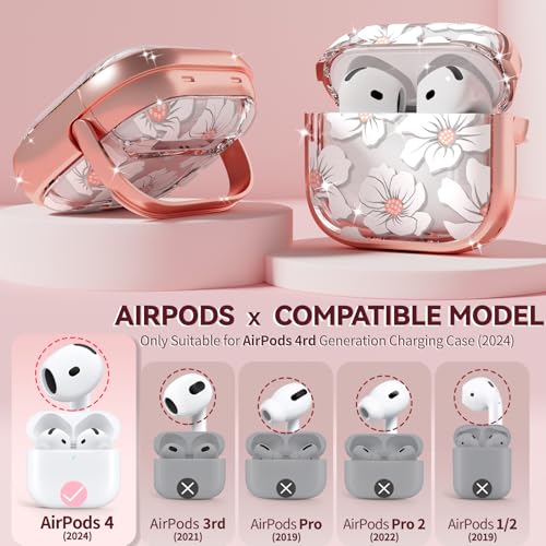Image of Inesore for AirPods 4 Case Cover 2024 with Lock-White Lily | Two-Piece Design,with Gold Keychain & Cleaning Pen,Support Wireless Charging,Cute Luxury Case for Women Girly