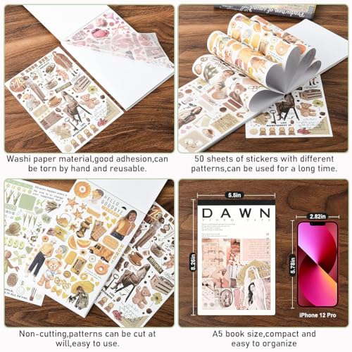 Image of HASTHIP 50 Sheets Vintage Washi Stickers, Scrapbook Stickers for Junk Journals, Aesthetic Sticker Book for Journaling Supplies, Art Bullet Journals, Scrapbooking and Paper Work, Home Decor