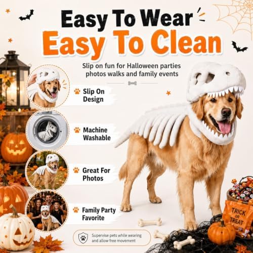 Pet Dinosaur Costume, Glow-in-the-Dark Dog Dinosaur Costume, Soft Plush Skeleton Halloween Cat Costume, 3D Dino Skeleton Pet Outfit for Dogs Cats Medium Large Pet Party Cosplay,Gray:45.2in - 4