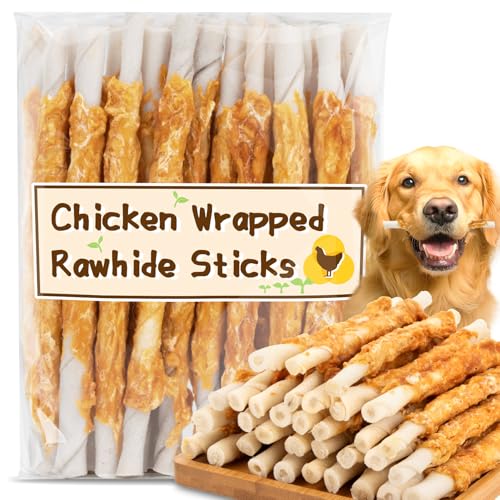 MAQIHAN Chicken Wrapped Rawhide Dog Treats - 15 Oz Hide Twists Chicken Wrapped Rawhide Sticks, Pet Chew Snacks Hide Sticks Training Reward Treats for Puppy, Small Dogs