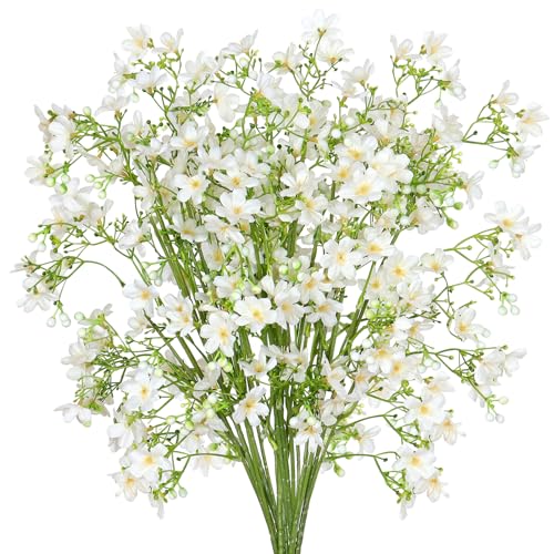 MEIVINES Flores Artificiales Decoracion, 8pcs Plantas Artificiales Exterior de Tallo Largo, Ramos de Flores Artificiales para Jardín Hogar Ventana Porche Balcón (Blanco, 8PCS)