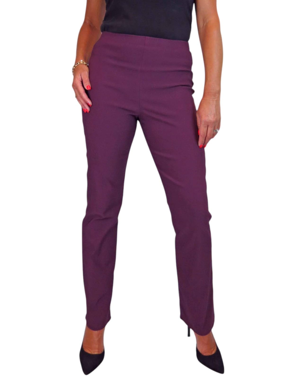 Paulo Due Women's Elasticated Waist Trousers Pull On High Waist Straight Leg Trousers Evening Day Office Work Plum 8-22 (8)