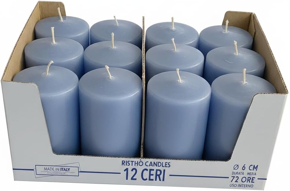 Cereria Di Giorgio - 12 Wax Candles - Diameter 6 cm Height 10 cm - Colour Dusty Blue - Burn Time 48 Hours - Unscented