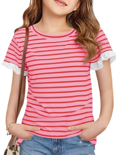 Image of Haloumoning Girls Striped Ruffle Short Sleeve T Shirts Kids Summer Crewneck Tops Casual Tees 5-14 Years