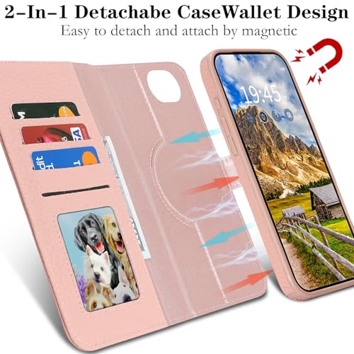 Image of Detachable Genuine Leather Case for iPhone 16e / iPhone 17e Wallet Case Magnetic 2in1 Removable Flip Cover Book Purse Compatible with Magsafe Charging Kickstand Card Holder-Pink