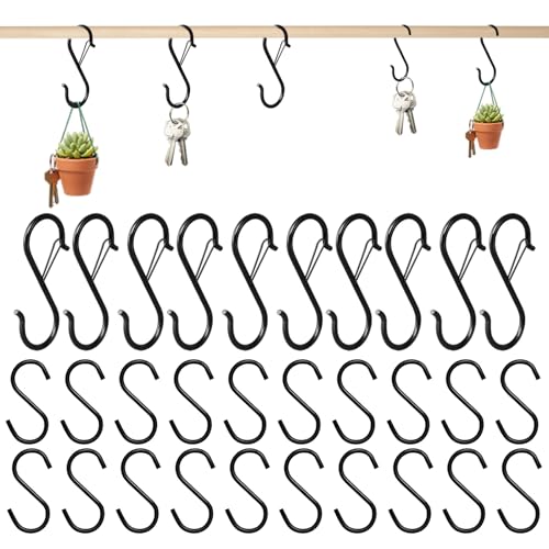 ROBGZMQW S Hooks for Hanging, 30 Pack Black S Shaped Hooks, Heavy Duty for Kitchen, Garage, Office, Outdoor Plant Display