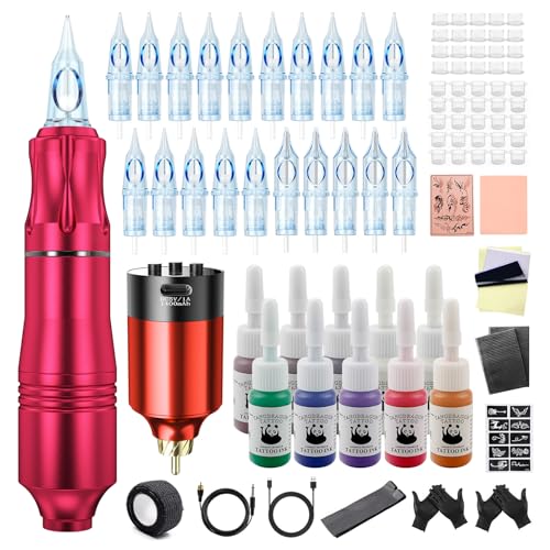 Tattoo Gun,Wireless Tattoo Gun Starter kit Complete Rotary Tattoo Pen Machine kit with 20pcs Cartriadge Needles Wireless Tattoo Power Supply for Beginners and Artists.Kulwoyi