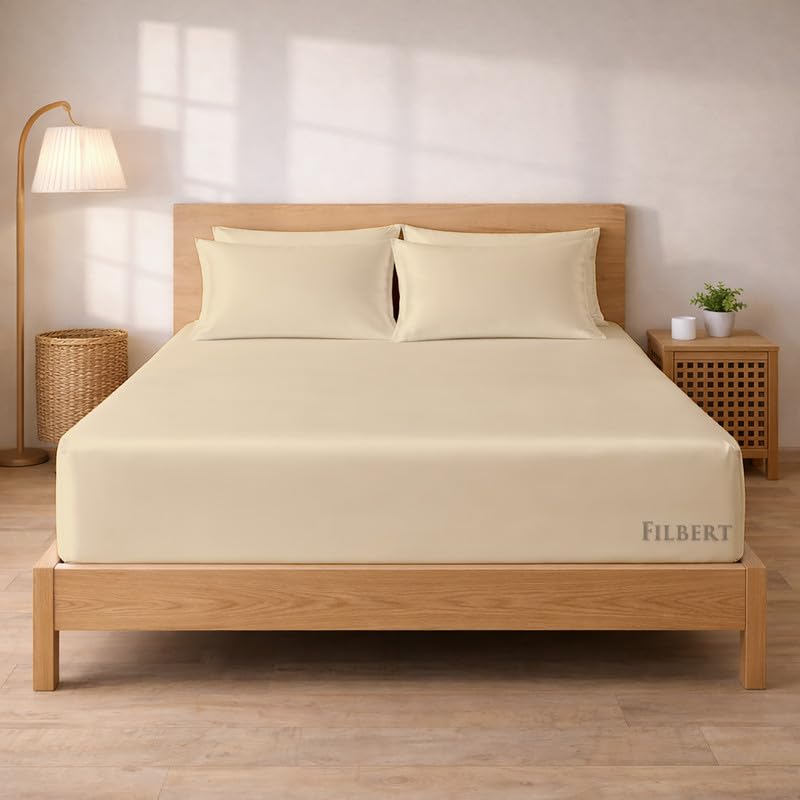 Image of Filbert - Premium Satin Fitted Bedsheet Single Bed (36x75 Inch) with 1 Pillow Cover | Hypoallergenic Breathable | Hair and Skin Friendly, Women Gift Choice|Beige