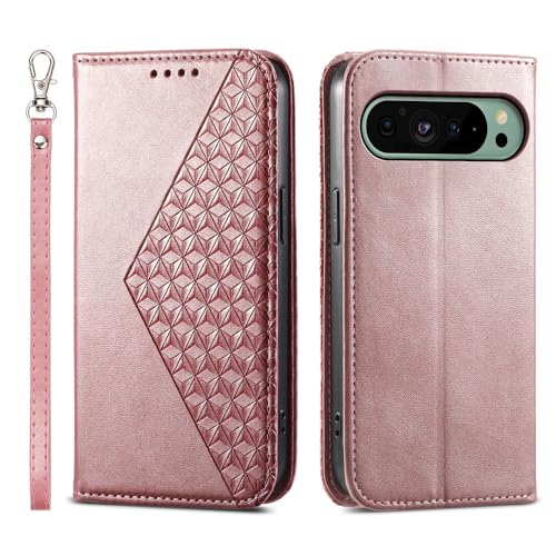Housse magnétique Pixel 9 Pro XL rose avec protection intégrale anti-choc et porte-carte