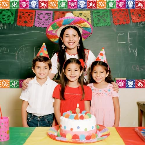 Image of BeYumi Mexican Fiesta Border Trim - 65ft Cinco De Mayo Flags Straight Rolled Border Trim Colorful Papel Picado Mexican Fiesta Carnival Bulletin Board Set Taco Birthday Party School Home Wall Decor