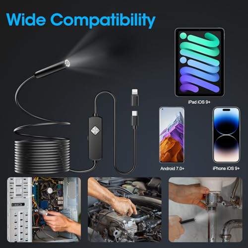 Image of Endoscope with Light, 1920P HD Borescope with 8 Adjustable LED Lights, Semi-Rigid Snake Camera, IP67 Waterproof Inspection Tool (16.4ft, Black + Single Lens Wiring Harness)