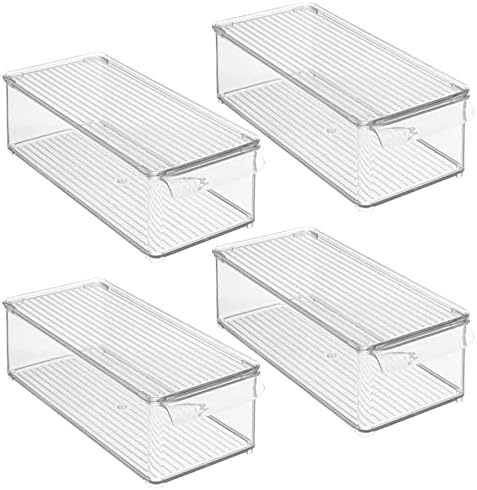 mDesign Set of 4 Storage Boxes with Hinged Lid  Plastic Office Storage Solution for Pens, Paper, Notepads and More  Stackable Storage Container Set  Clear